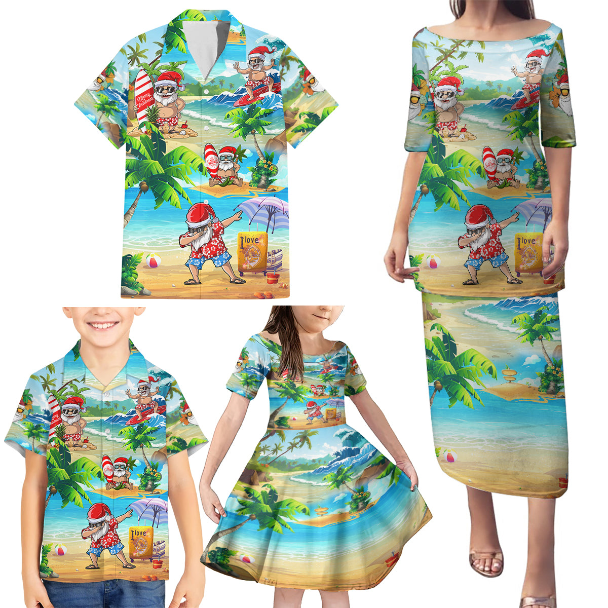 Guam Christmas Family Matching Puletasi Dress and Hawaiian Shirt Santa Claus Beach and Wave - Wonder Print Shop