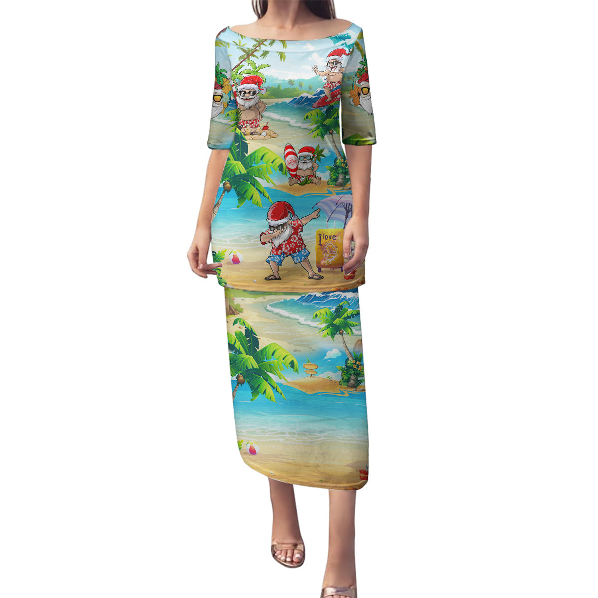 Guam Christmas Family Matching Puletasi Dress and Hawaiian Shirt Santa Claus Beach and Wave - Wonder Print Shop