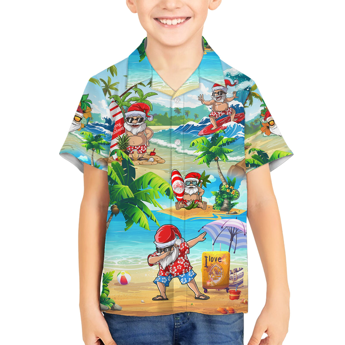 Guam Christmas Family Matching Puletasi Dress and Hawaiian Shirt Santa Claus Beach and Wave - Wonder Print Shop