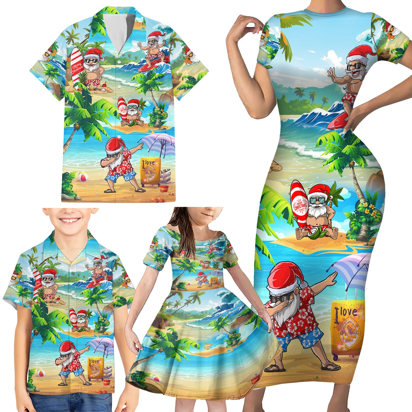 Guam Christmas Family Matching Short Sleeve Bodycon Dress and Hawaiian Shirt Santa Claus Beach and Wave - Wonder Print Shop