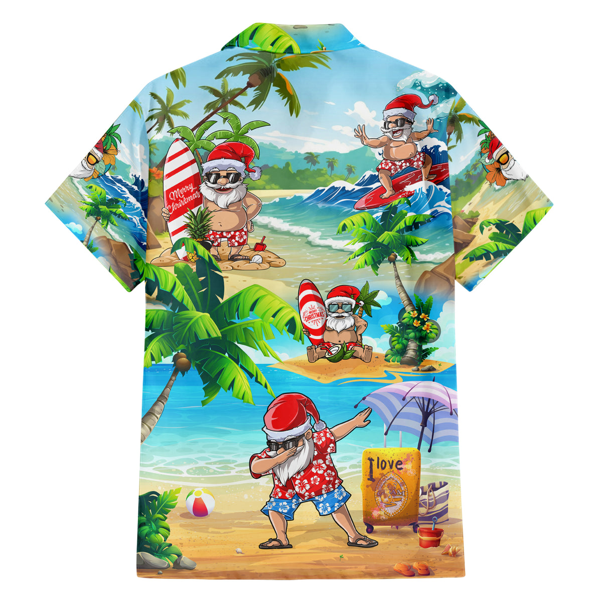 Guam Christmas Family Matching Short Sleeve Bodycon Dress and Hawaiian Shirt Santa Claus Beach and Wave - Wonder Print Shop