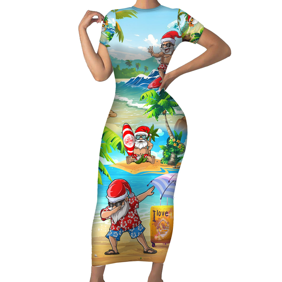 Guam Christmas Family Matching Short Sleeve Bodycon Dress and Hawaiian Shirt Santa Claus Beach and Wave - Wonder Print Shop