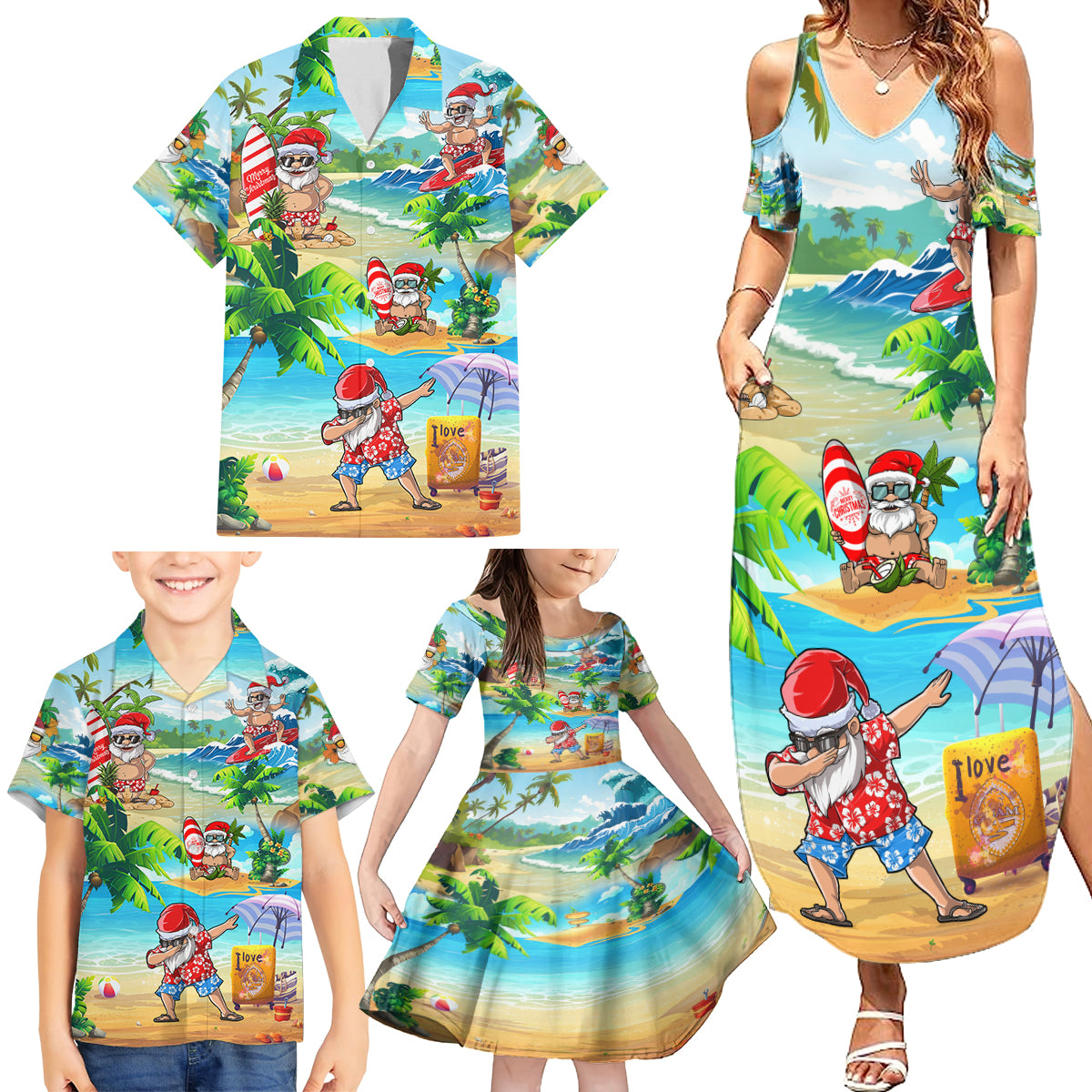 Guam Christmas Family Matching Summer Maxi Dress and Hawaiian Shirt Santa Claus Beach and Wave - Wonder Print Shop