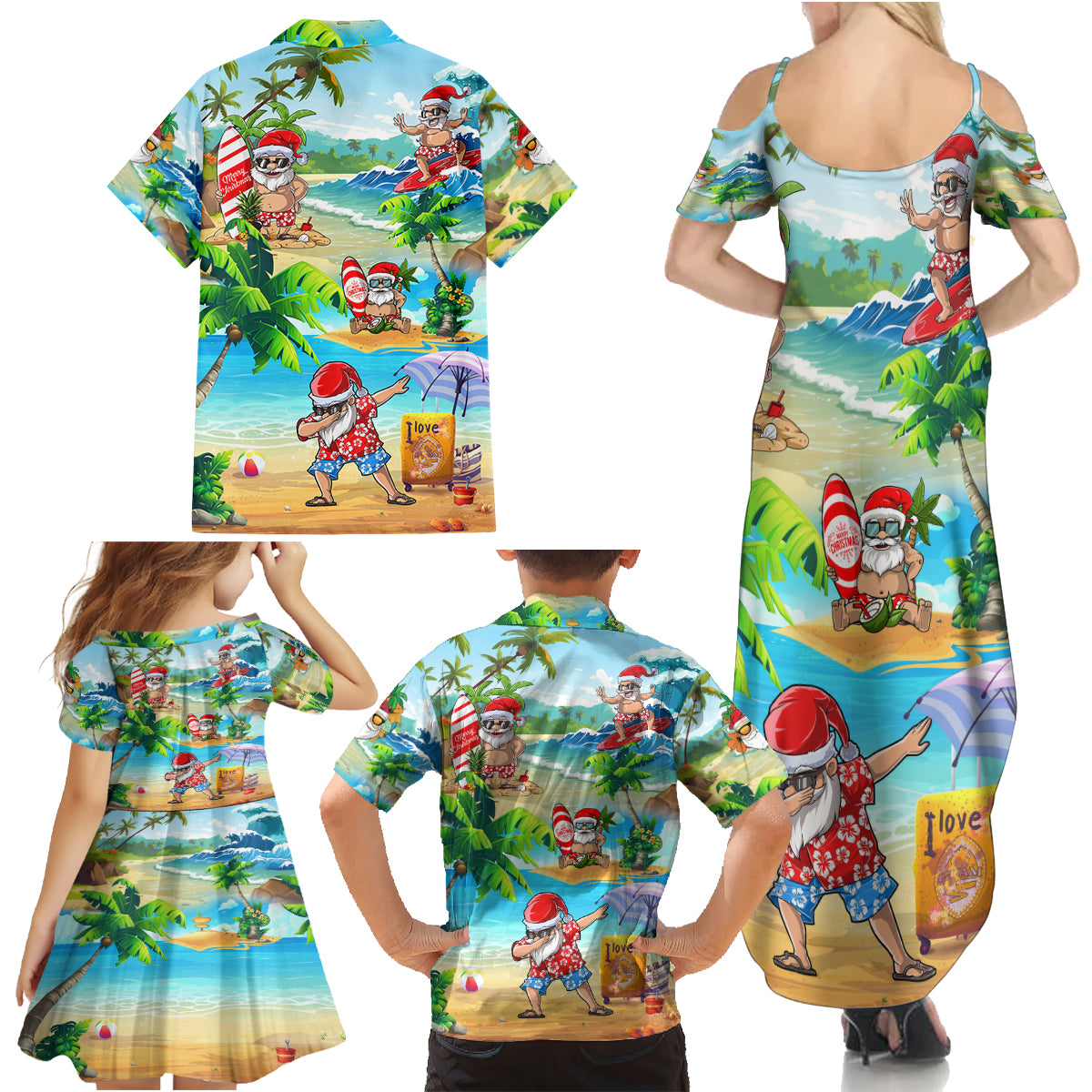 Guam Christmas Family Matching Summer Maxi Dress and Hawaiian Shirt Santa Claus Beach and Wave - Wonder Print Shop