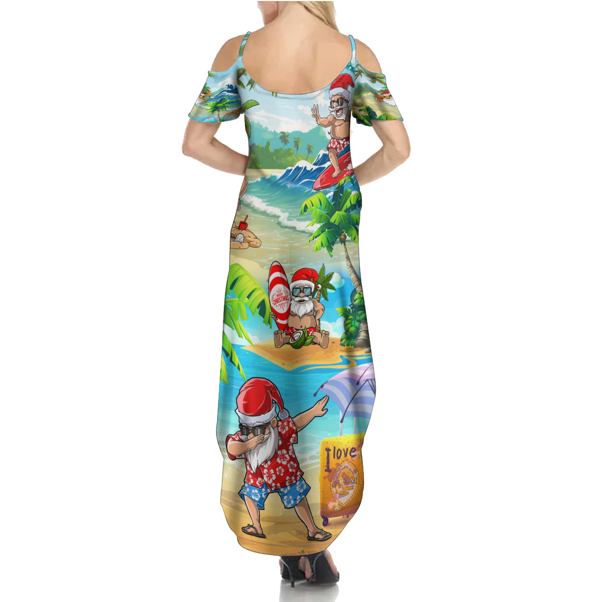 Guam Christmas Family Matching Summer Maxi Dress and Hawaiian Shirt Santa Claus Beach and Wave - Wonder Print Shop