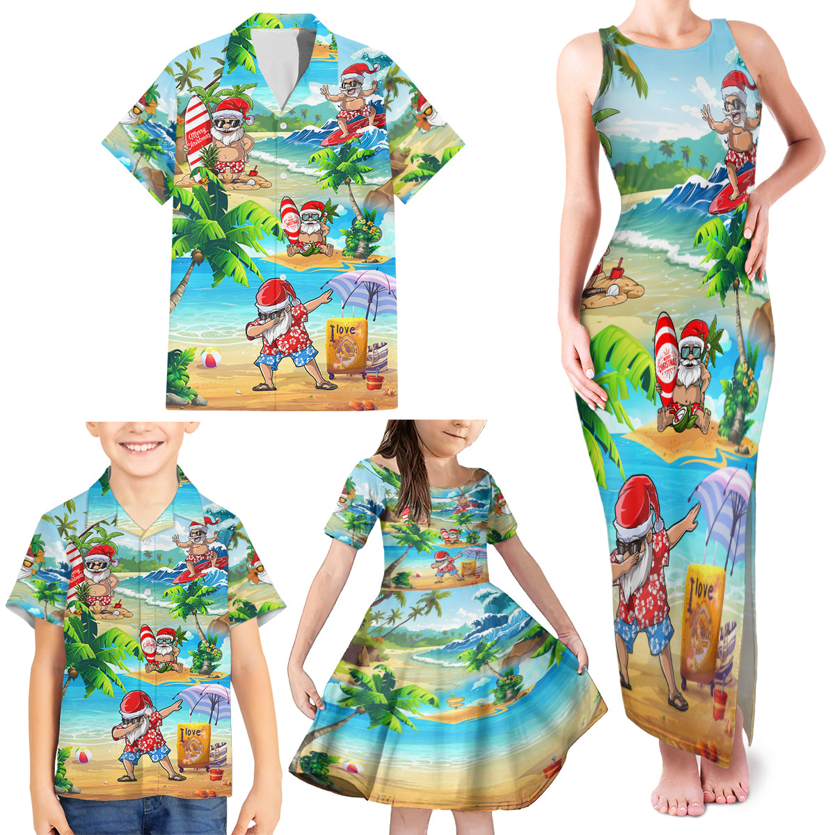 Guam Christmas Family Matching Tank Maxi Dress and Hawaiian Shirt Santa Claus Beach and Wave - Wonder Print Shop