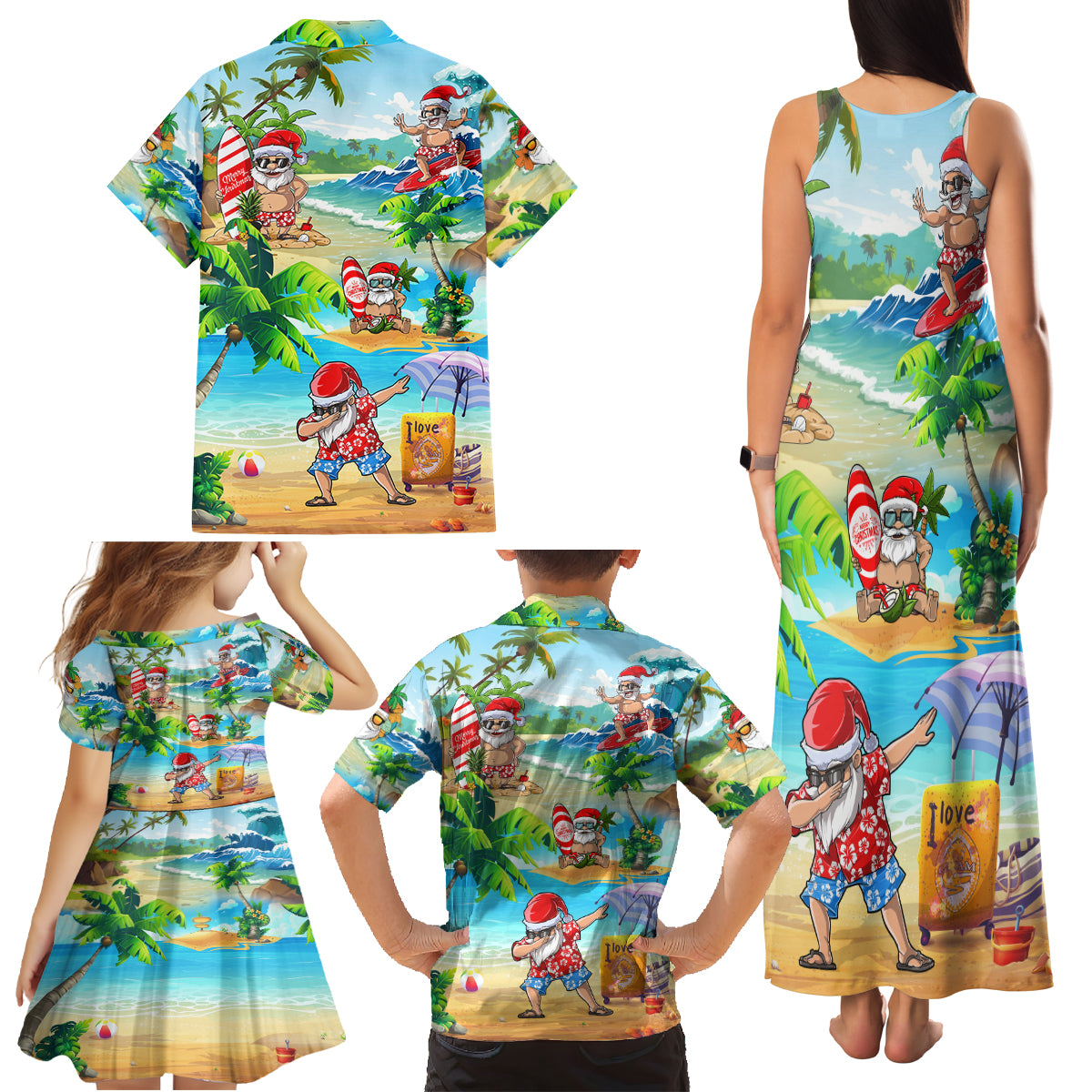 Guam Christmas Family Matching Tank Maxi Dress and Hawaiian Shirt Santa Claus Beach and Wave - Wonder Print Shop