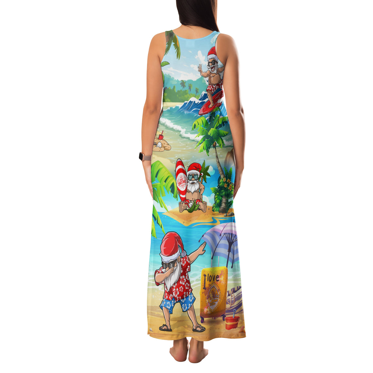 Guam Christmas Family Matching Tank Maxi Dress and Hawaiian Shirt Santa Claus Beach and Wave - Wonder Print Shop