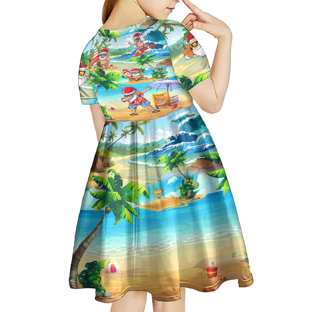 Guam Christmas Kid Short Sleeve Dress Santa Claus Beach and Wave - Wonder Print Shop