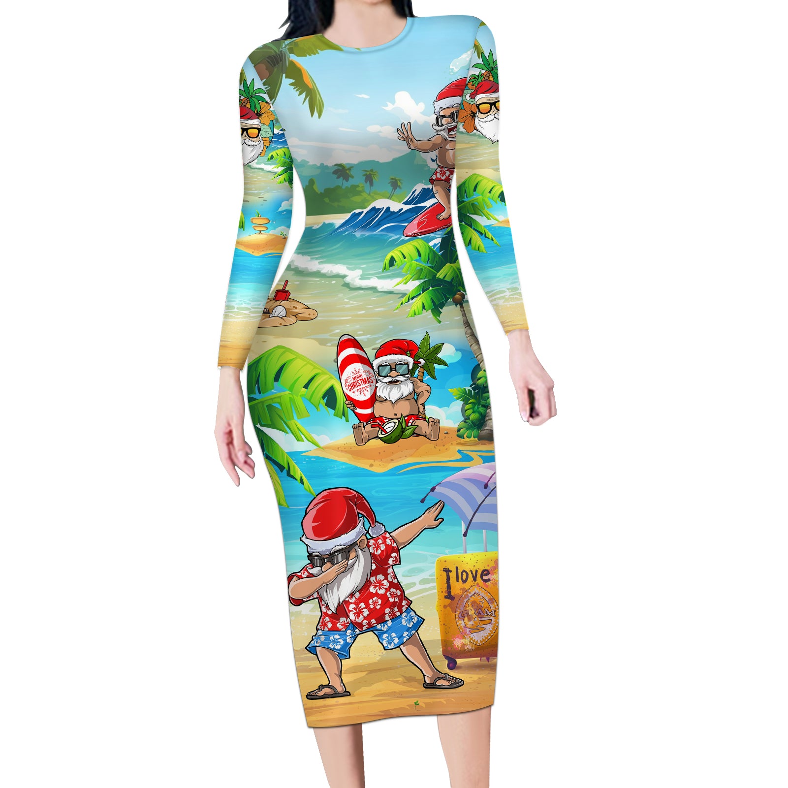 Guam Christmas Long Sleeve Bodycon Dress Santa Claus Beach and Wave - Wonder Print Shop