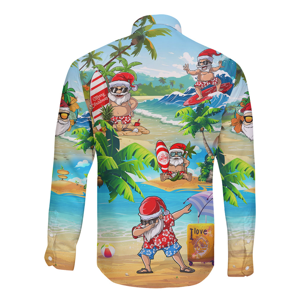 Guam Christmas Long Sleeve Button Shirt Santa Claus Beach and Wave - Wonder Print Shop