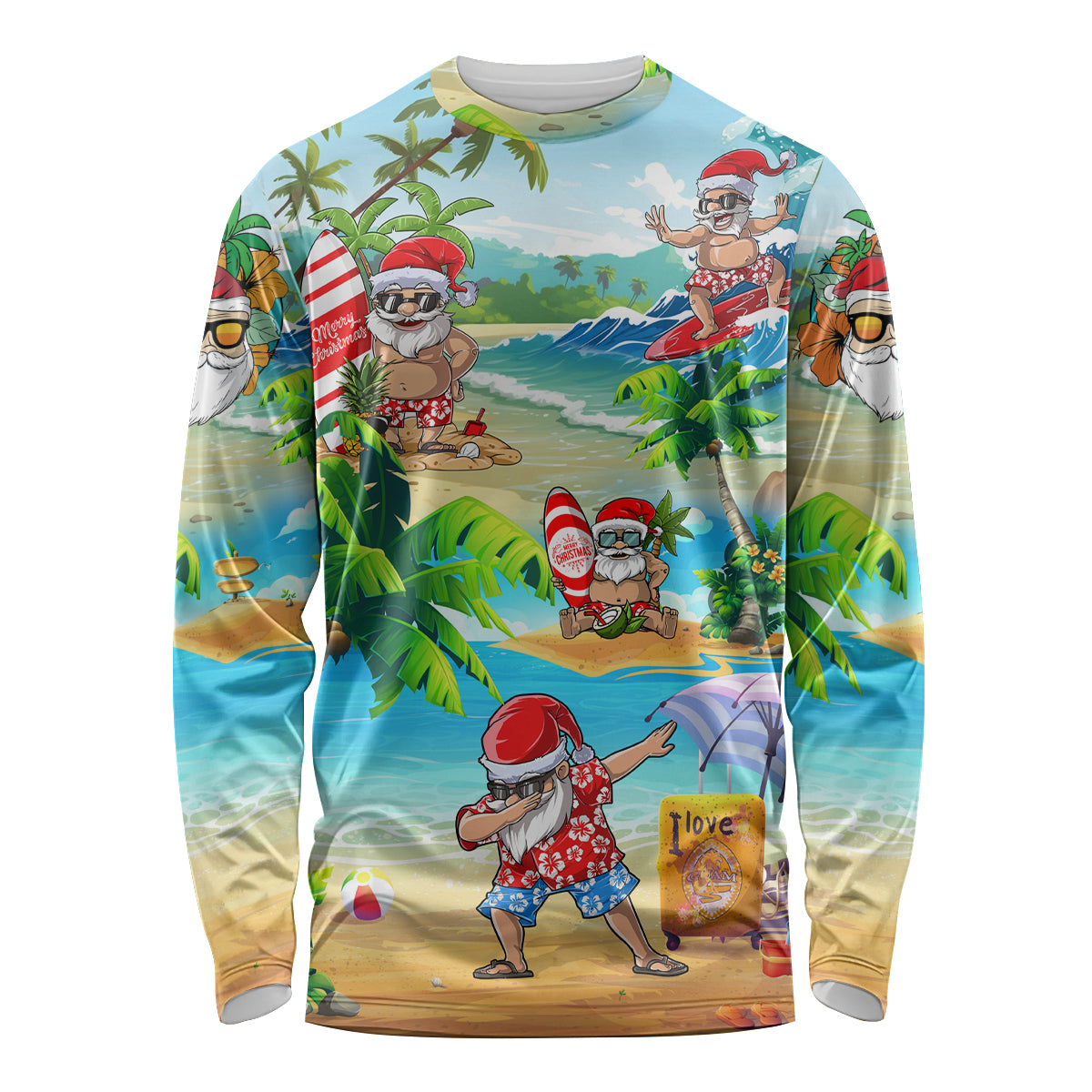 Guam Christmas Long Sleeve Shirt Santa Claus Beach and Wave - Wonder Print Shop