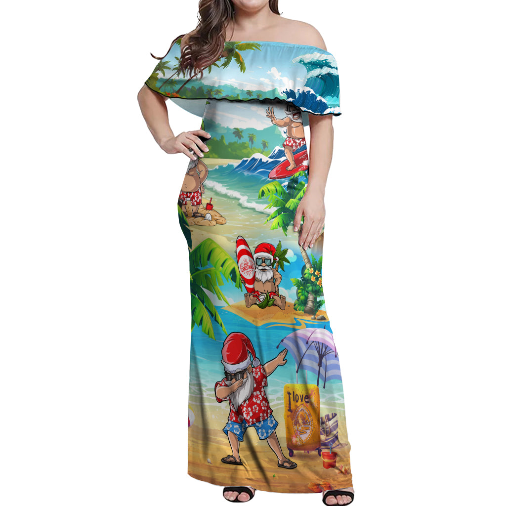 Guam Christmas Off Shoulder Maxi Dress Santa Claus Beach and Wave - Wonder Print Shop