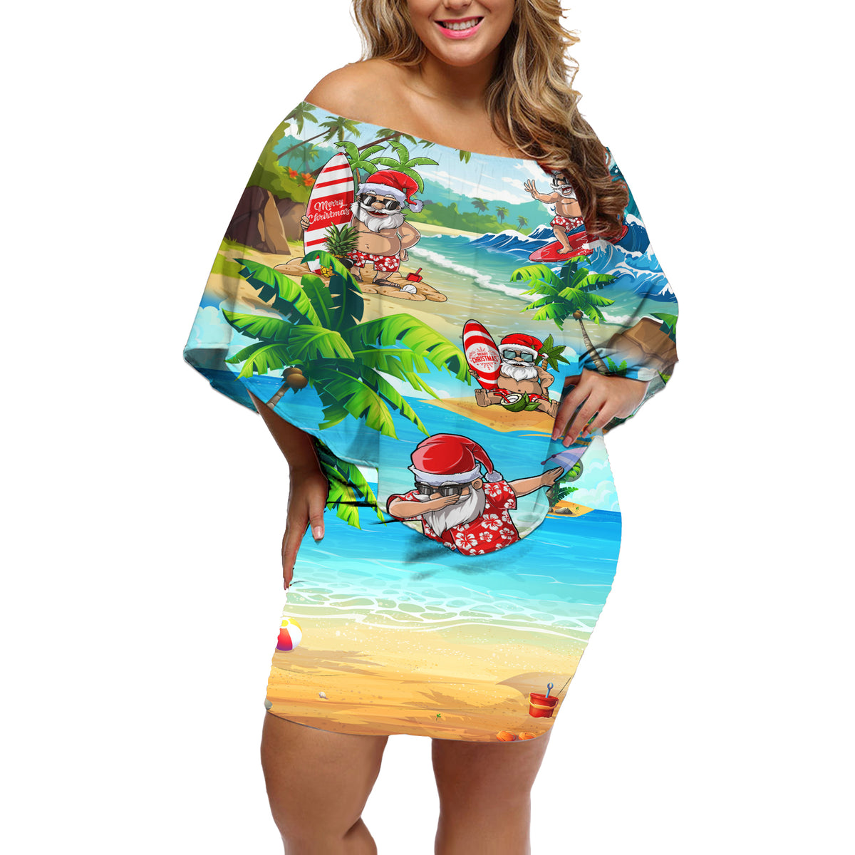 Guam Christmas Off Shoulder Short Dress Santa Claus Beach and Wave - Wonder Print Shop
