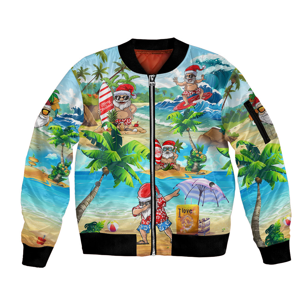 Guam Christmas Sleeve Zip Bomber Jacket Santa Claus Beach and Wave - Wonder Print Shop