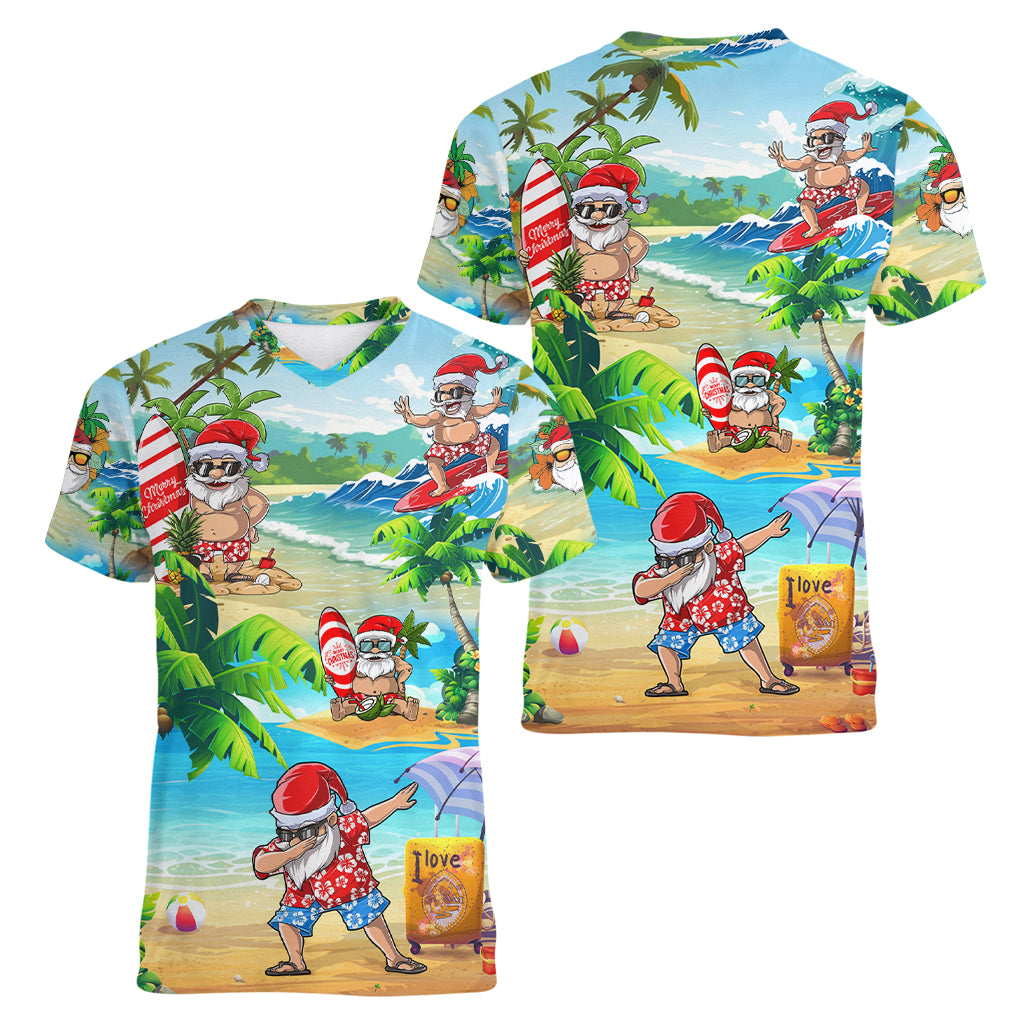 Guam Christmas Women V Neck T Shirt Santa Claus Beach and Wave - Wonder Print Shop