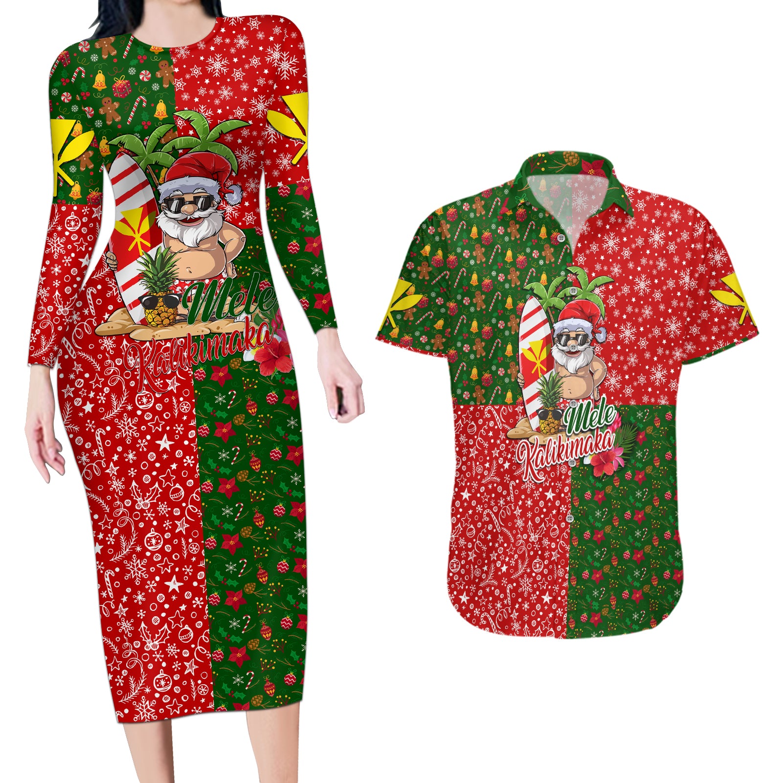 Hawaii Christmas Couples Matching Long Sleeve Bodycon Dress and Hawaiian Shirt Mele Kalikimaka Kanaka Maoli - Wonder Print Shop