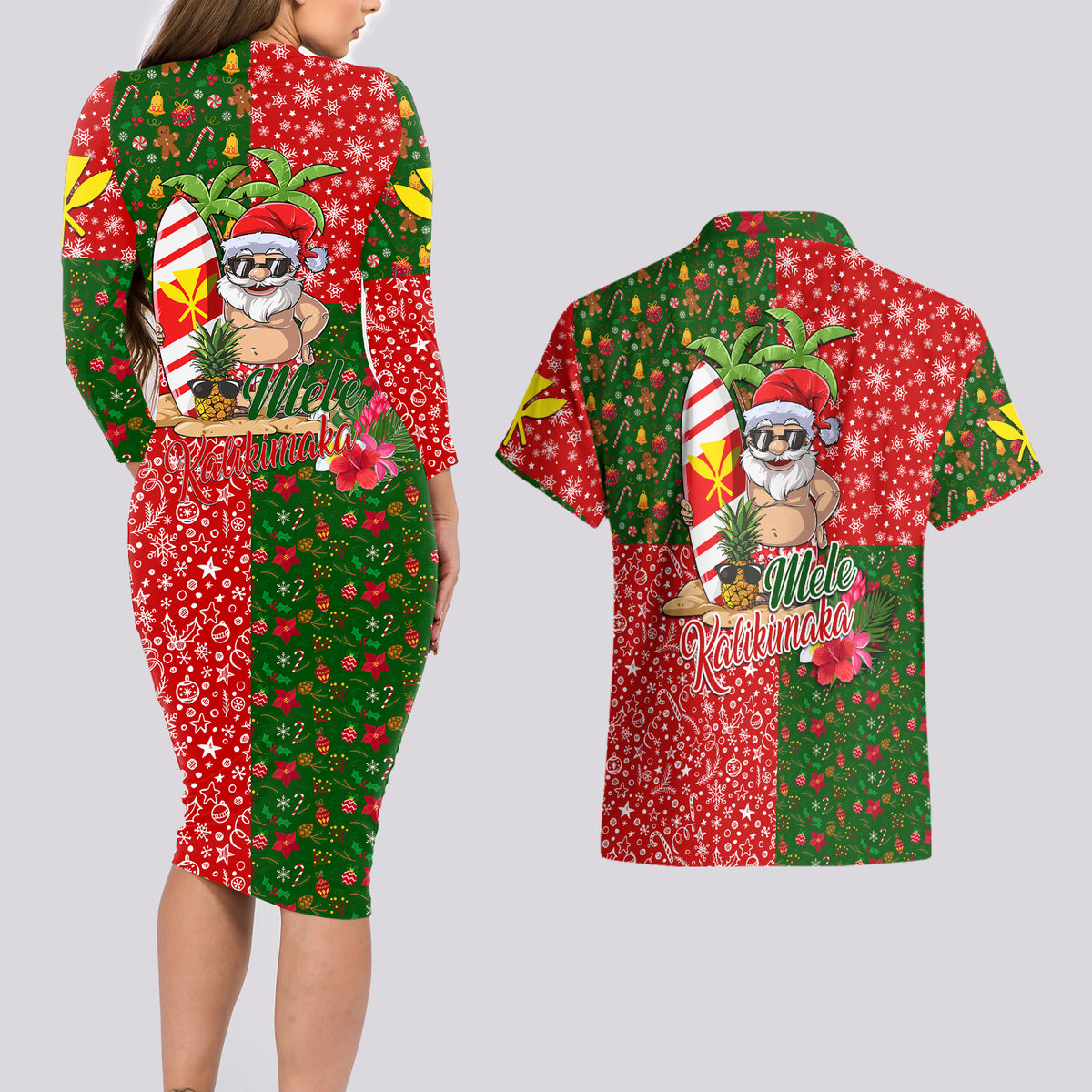Hawaii Christmas Couples Matching Long Sleeve Bodycon Dress and Hawaiian Shirt Mele Kalikimaka Kanaka Maoli - Wonder Print Shop
