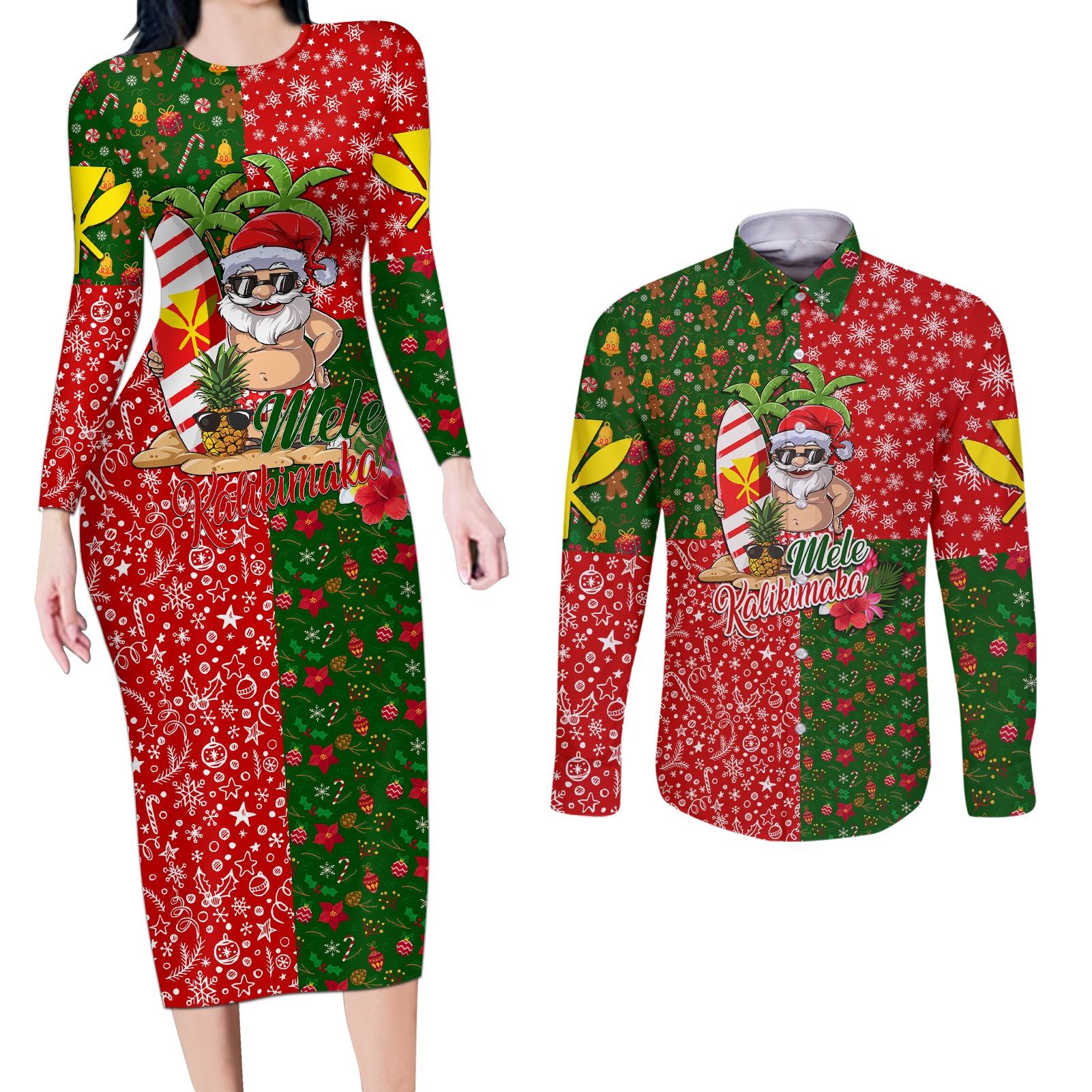 Hawaii Christmas Couples Matching Long Sleeve Bodycon Dress and Long Sleeve Button Shirts Mele Kalikimaka Kanaka Maoli - Wonder Print Shop