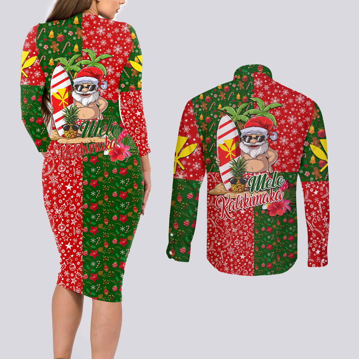Hawaii Christmas Couples Matching Long Sleeve Bodycon Dress and Long Sleeve Button Shirts Mele Kalikimaka Kanaka Maoli - Wonder Print Shop