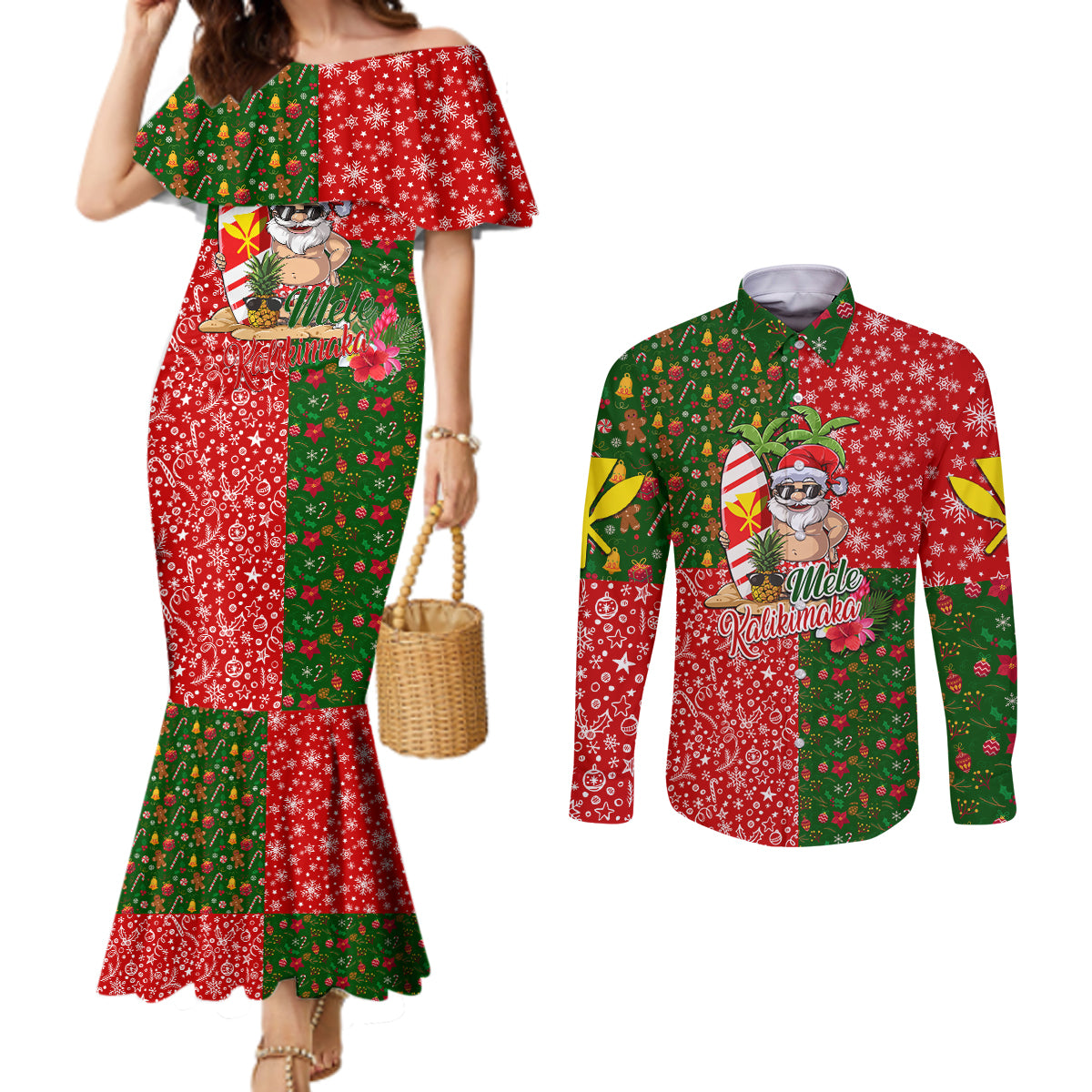 Hawaii Christmas Couples Matching Mermaid Dress and Long Sleeve Button Shirts Mele Kalikimaka Kanaka Maoli DT02