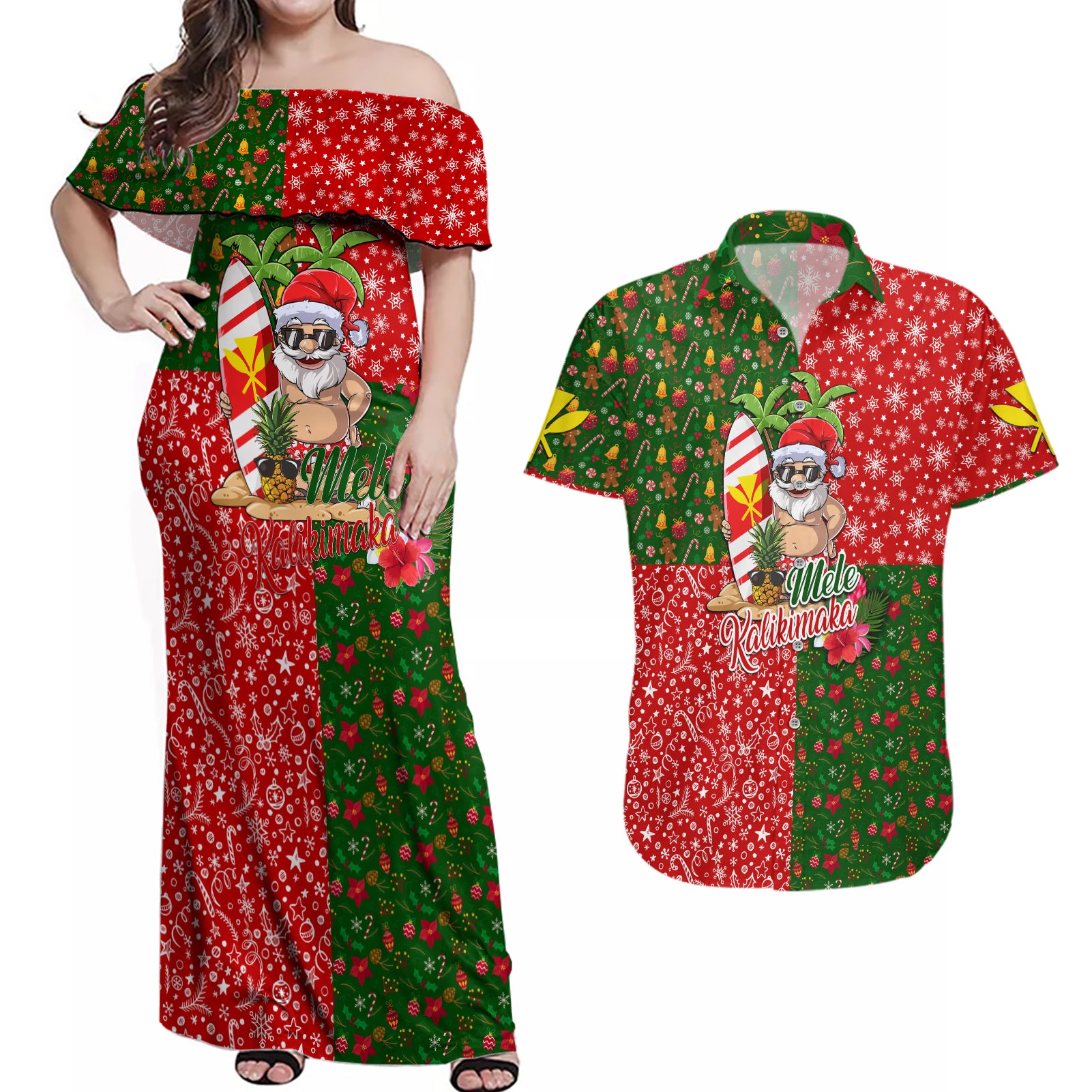 Hawaii Christmas Couples Matching Off Shoulder Maxi Dress and Hawaiian Shirt Mele Kalikimaka Kanaka Maoli - Wonder Print Shop