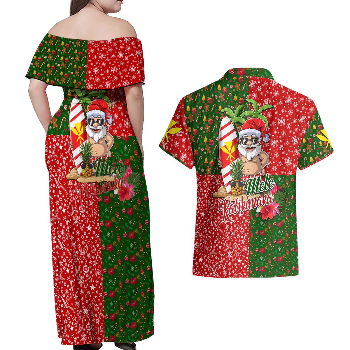 Hawaii Christmas Couples Matching Off Shoulder Maxi Dress and Hawaiian Shirt Mele Kalikimaka Kanaka Maoli - Wonder Print Shop