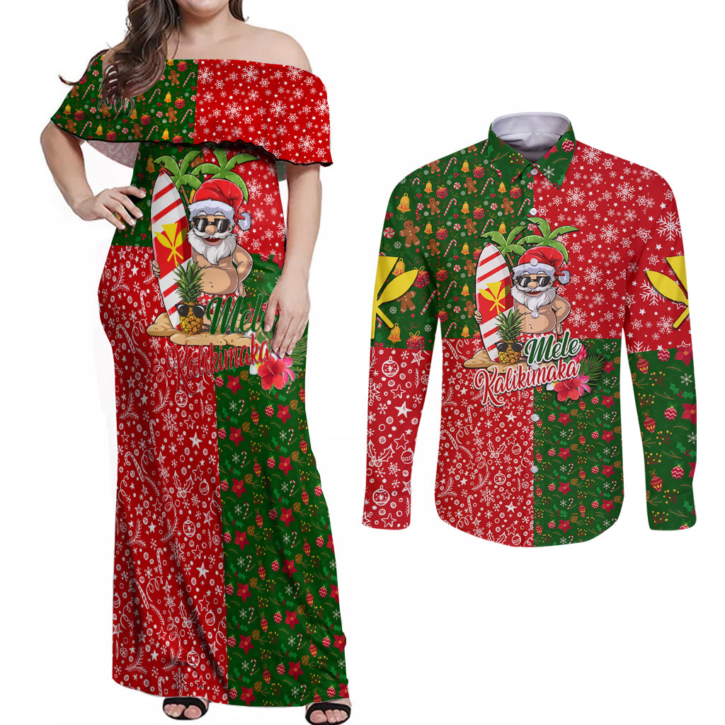 Hawaii Christmas Couples Matching Off Shoulder Maxi Dress and Long Sleeve Button Shirts Mele Kalikimaka Kanaka Maoli - Wonder Print Shop