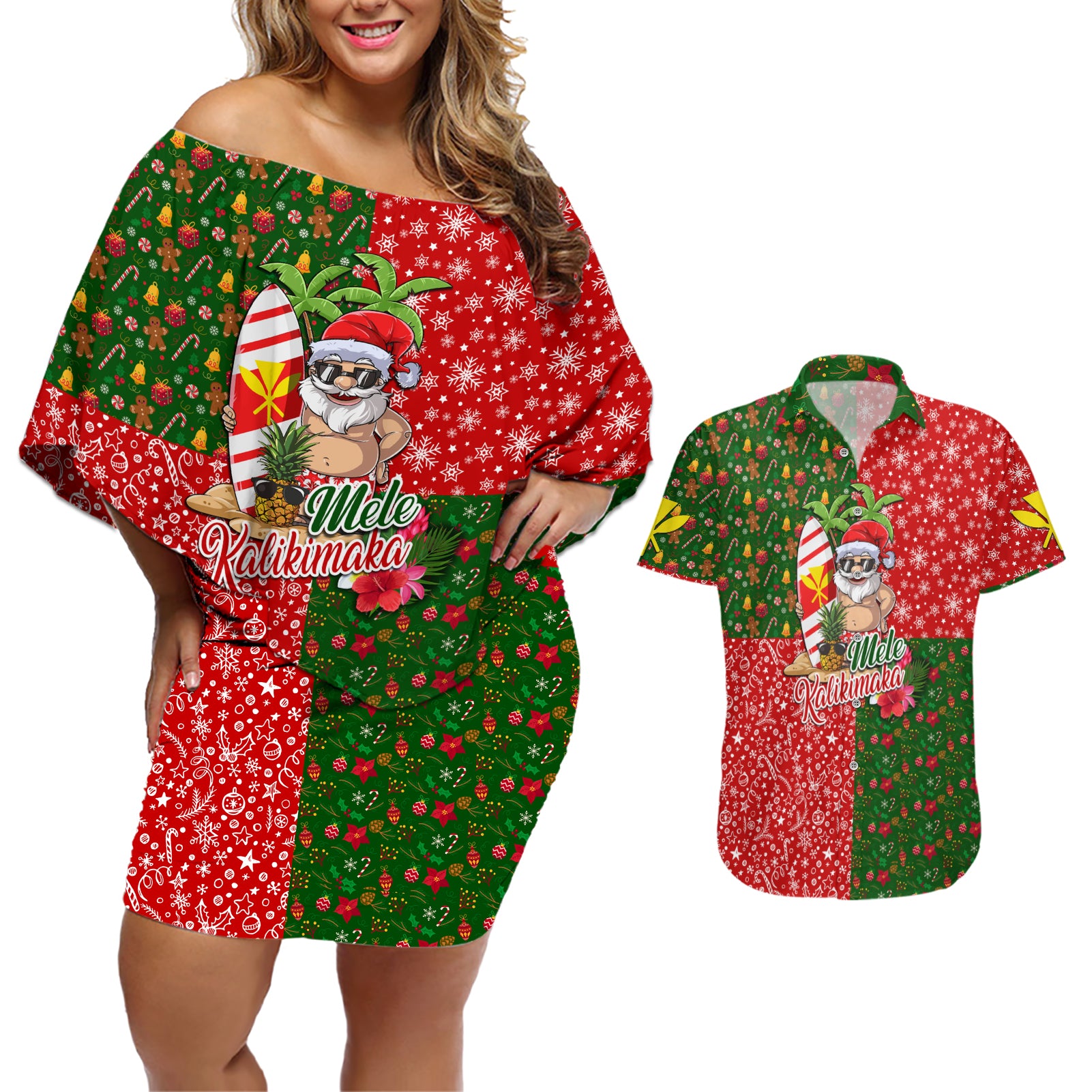 Hawaii Christmas Couples Matching Off Shoulder Short Dress and Hawaiian Shirt Mele Kalikimaka Kanaka Maoli - Wonder Print Shop