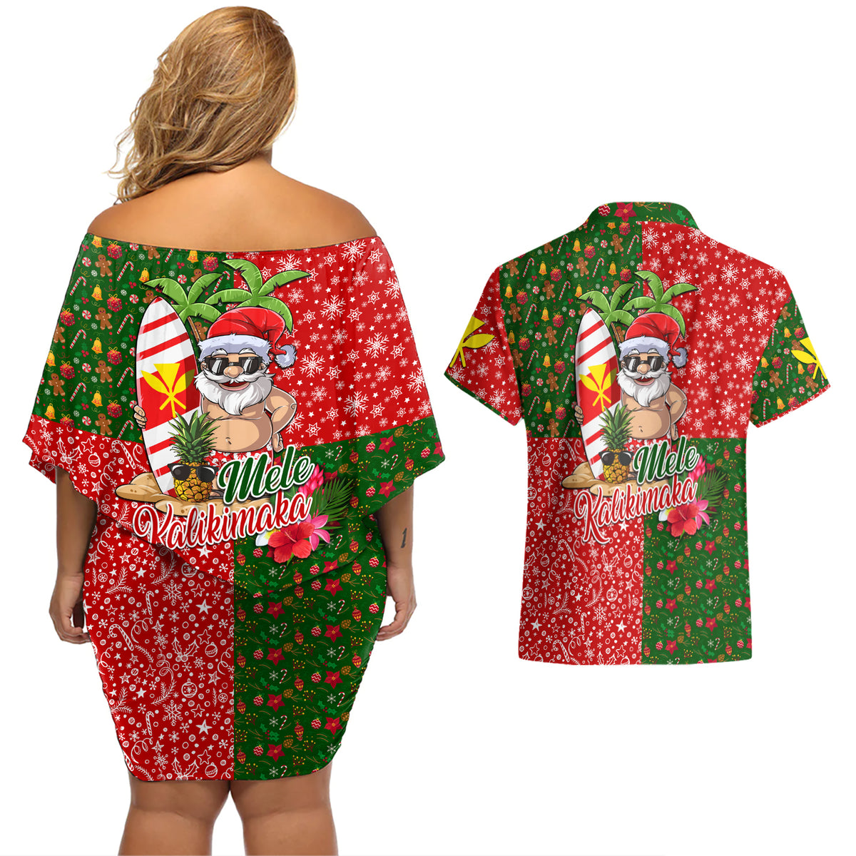 Hawaii Christmas Couples Matching Off Shoulder Short Dress and Hawaiian Shirt Mele Kalikimaka Kanaka Maoli - Wonder Print Shop