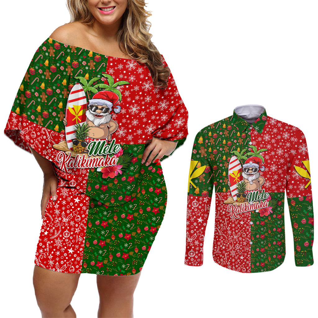 Hawaii Christmas Couples Matching Off Shoulder Short Dress and Long Sleeve Button Shirts Mele Kalikimaka Kanaka Maoli - Wonder Print Shop