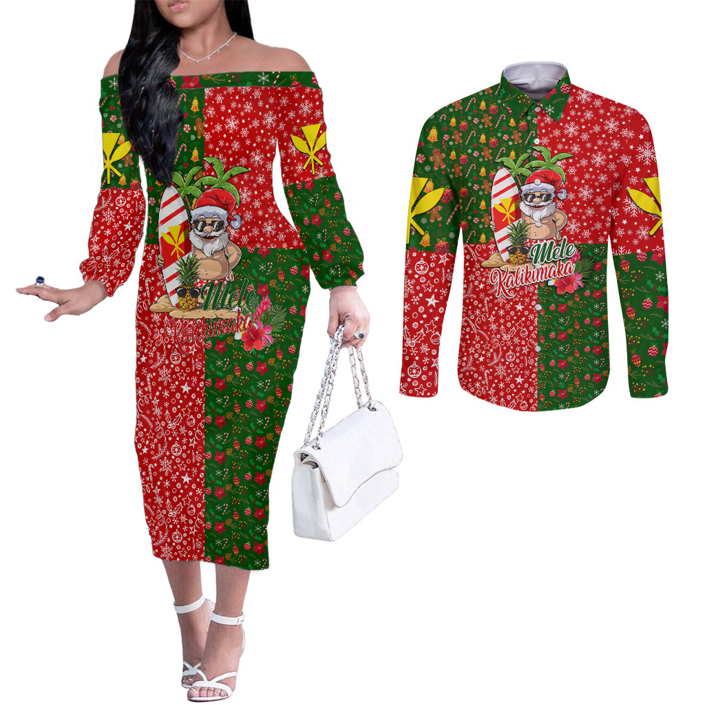 Hawaii Christmas Couples Matching Off The Shoulder Long Sleeve Dress and Long Sleeve Button Shirts Mele Kalikimaka Kanaka Maoli DT02