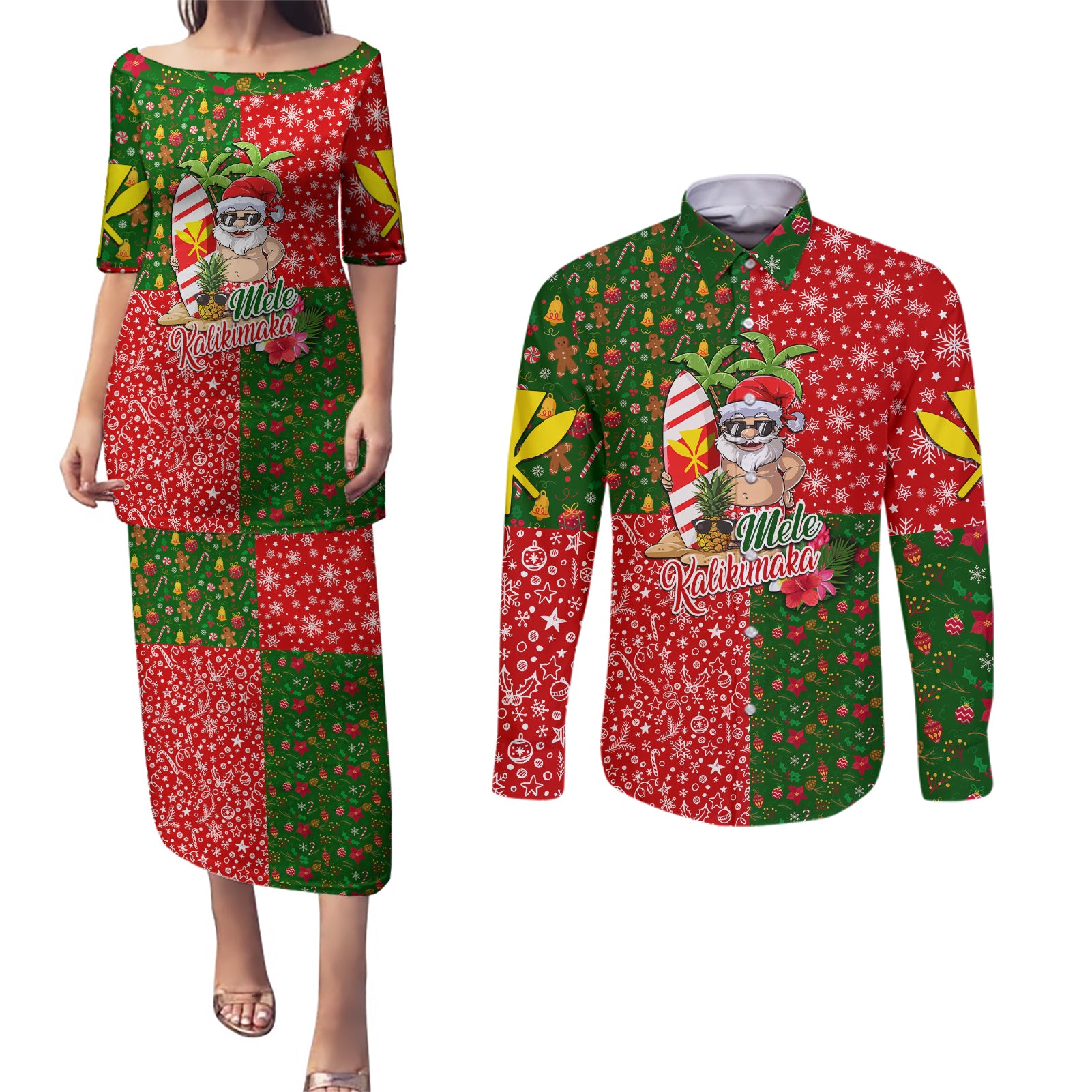 Hawaii Christmas Couples Matching Puletasi Dress and Long Sleeve Button Shirts Mele Kalikimaka Kanaka Maoli - Wonder Print Shop