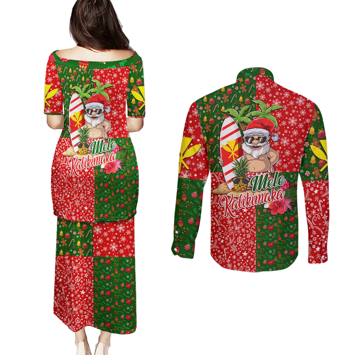 Hawaii Christmas Couples Matching Puletasi Dress and Long Sleeve Button Shirts Mele Kalikimaka Kanaka Maoli - Wonder Print Shop