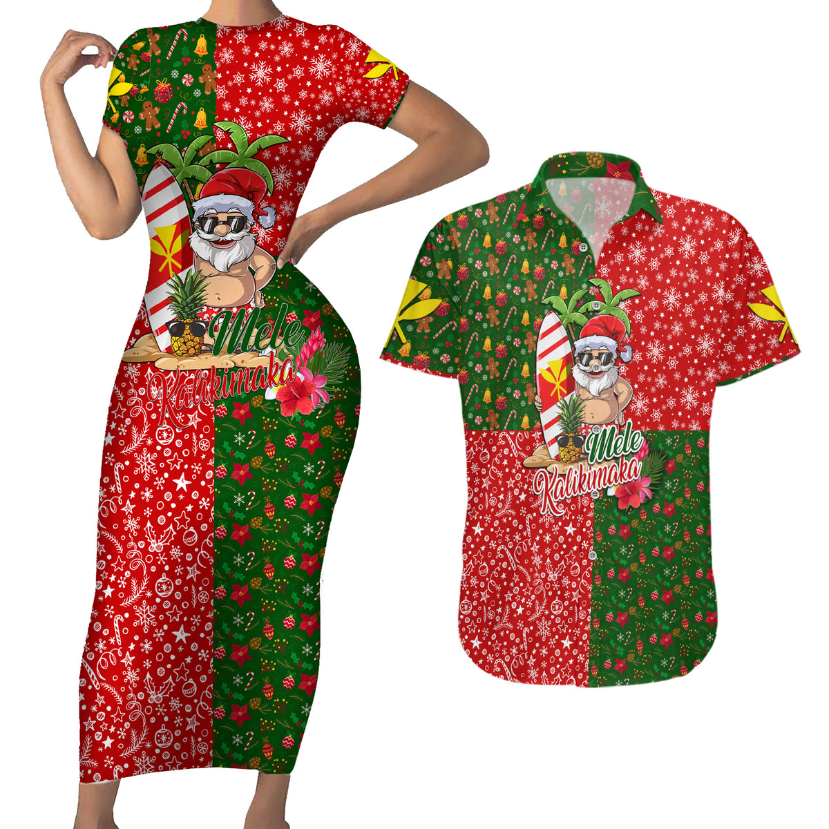 Hawaii Christmas Couples Matching Short Sleeve Bodycon Dress and Hawaiian Shirt Mele Kalikimaka Kanaka Maoli - Wonder Print Shop