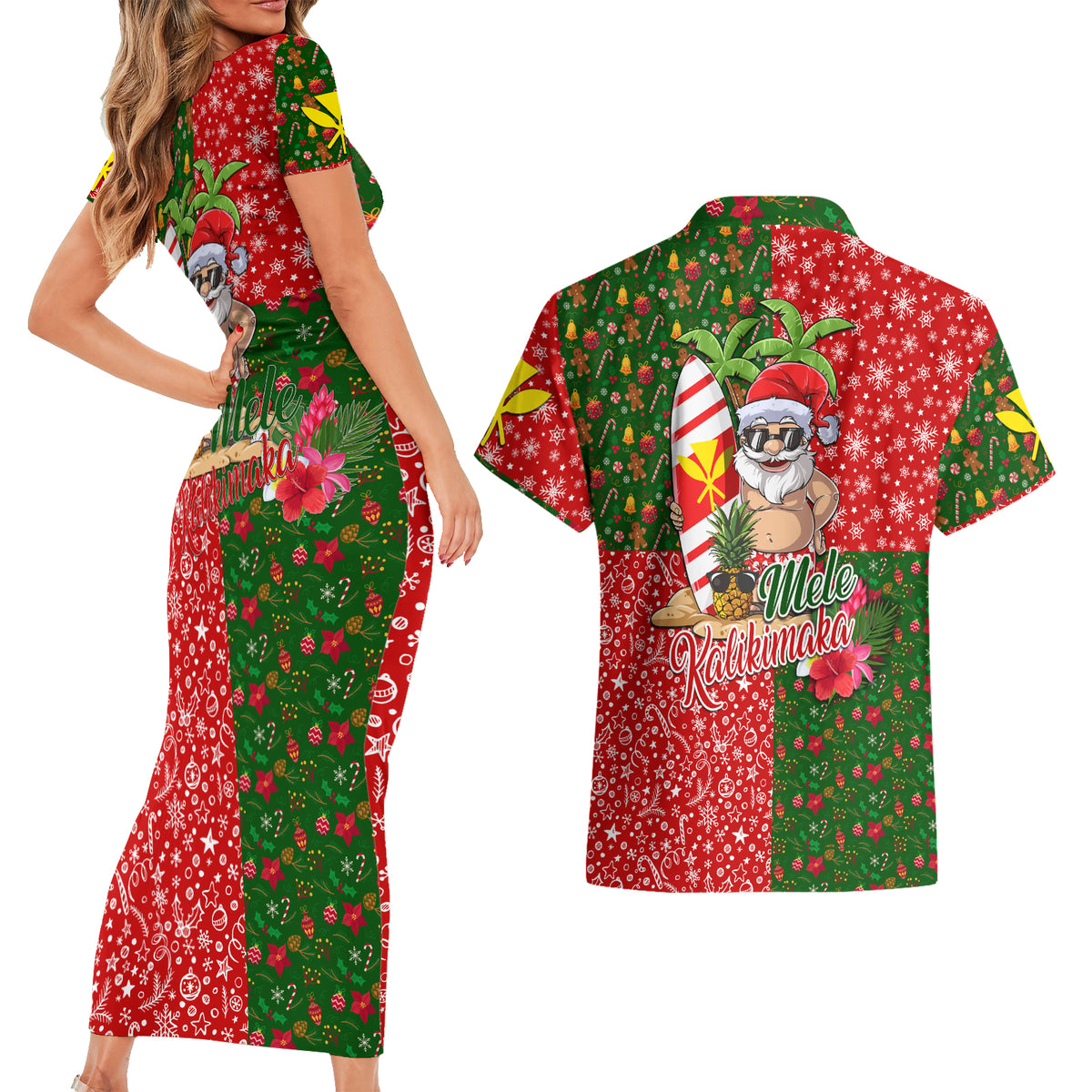 Hawaii Christmas Couples Matching Short Sleeve Bodycon Dress and Hawaiian Shirt Mele Kalikimaka Kanaka Maoli - Wonder Print Shop