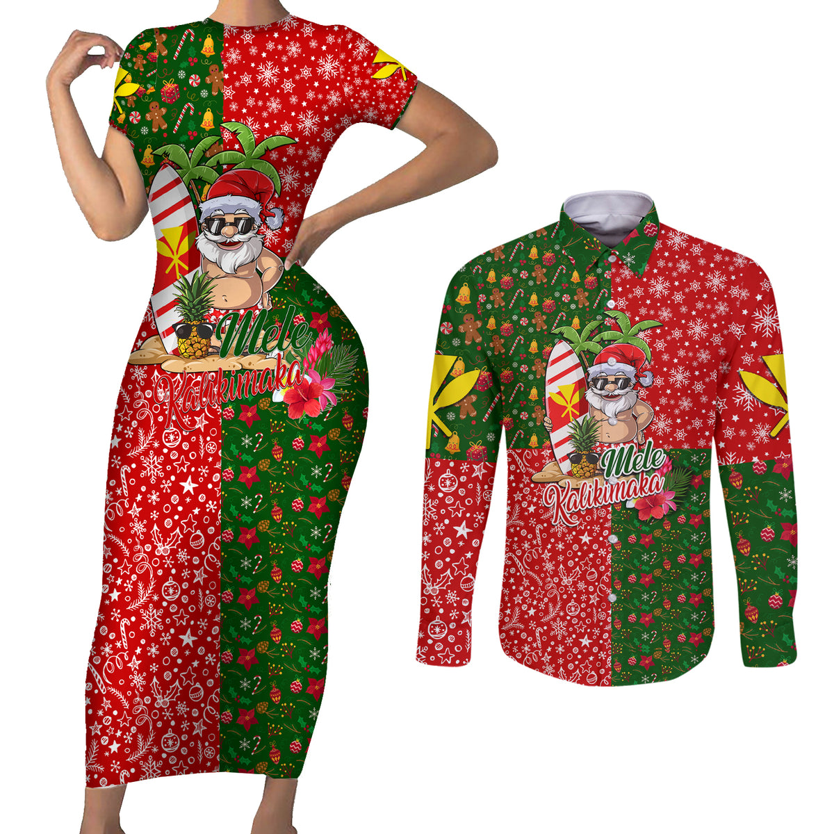 Hawaii Christmas Couples Matching Short Sleeve Bodycon Dress and Long Sleeve Button Shirts Mele Kalikimaka Kanaka Maoli - Wonder Print Shop