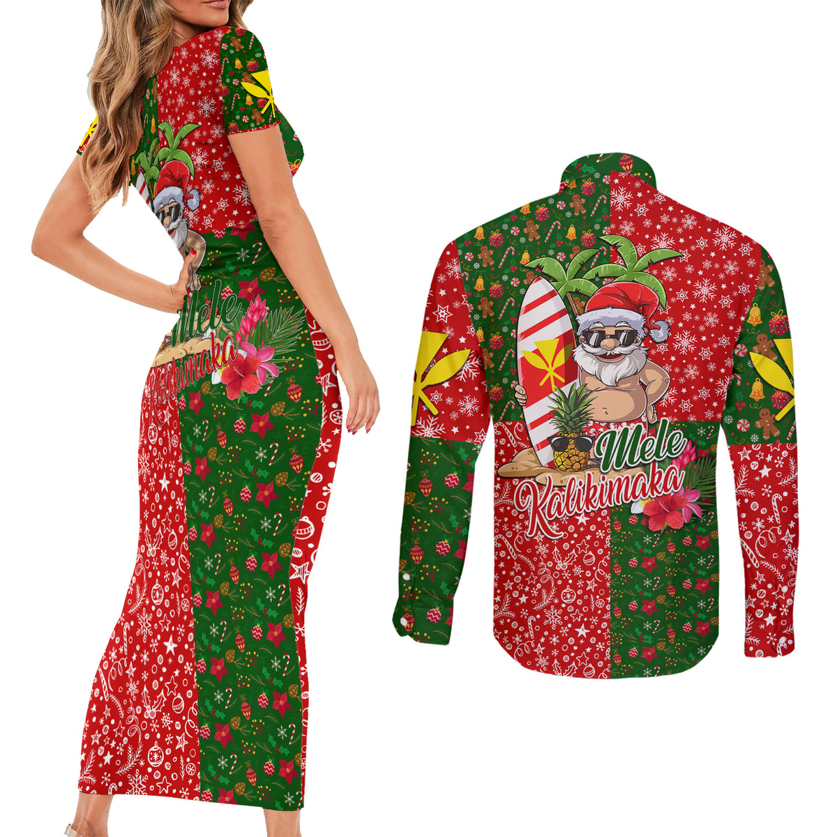 Hawaii Christmas Couples Matching Short Sleeve Bodycon Dress and Long Sleeve Button Shirts Mele Kalikimaka Kanaka Maoli - Wonder Print Shop