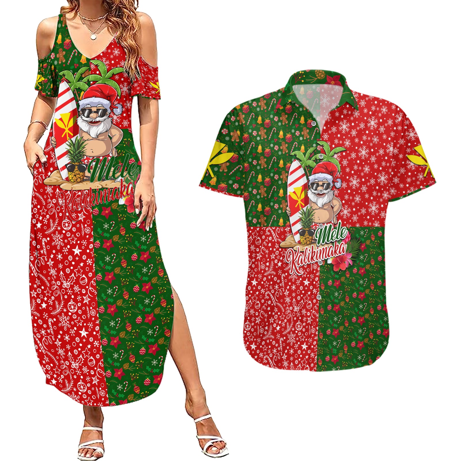 Hawaii Christmas Couples Matching Summer Maxi Dress and Hawaiian Shirt Mele Kalikimaka Kanaka Maoli - Wonder Print Shop