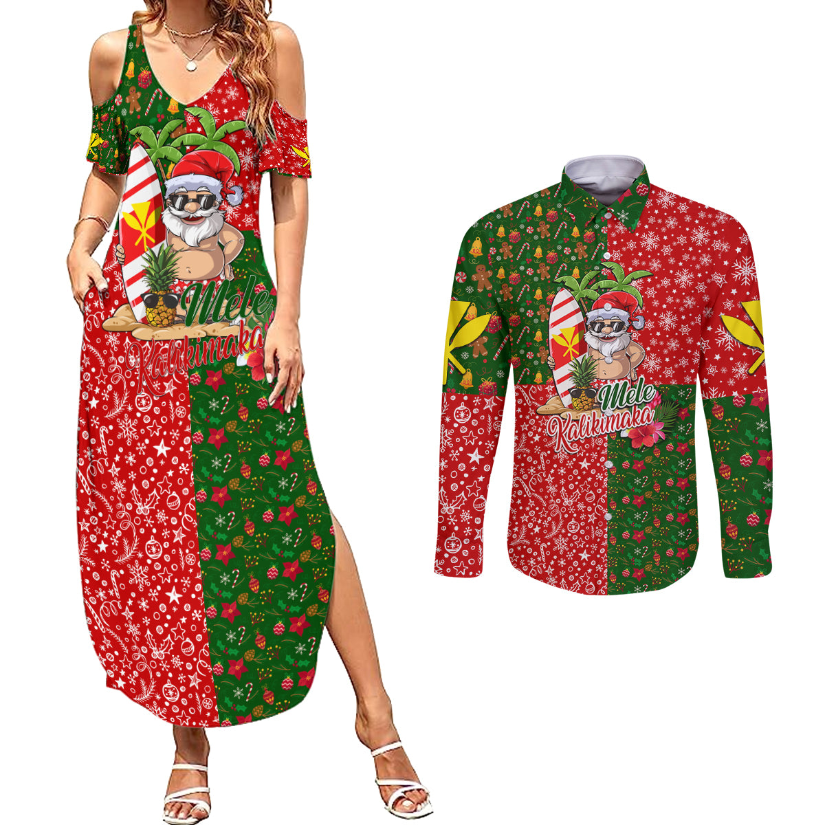 Hawaii Christmas Couples Matching Summer Maxi Dress and Long Sleeve Button Shirts Mele Kalikimaka Kanaka Maoli - Wonder Print Shop