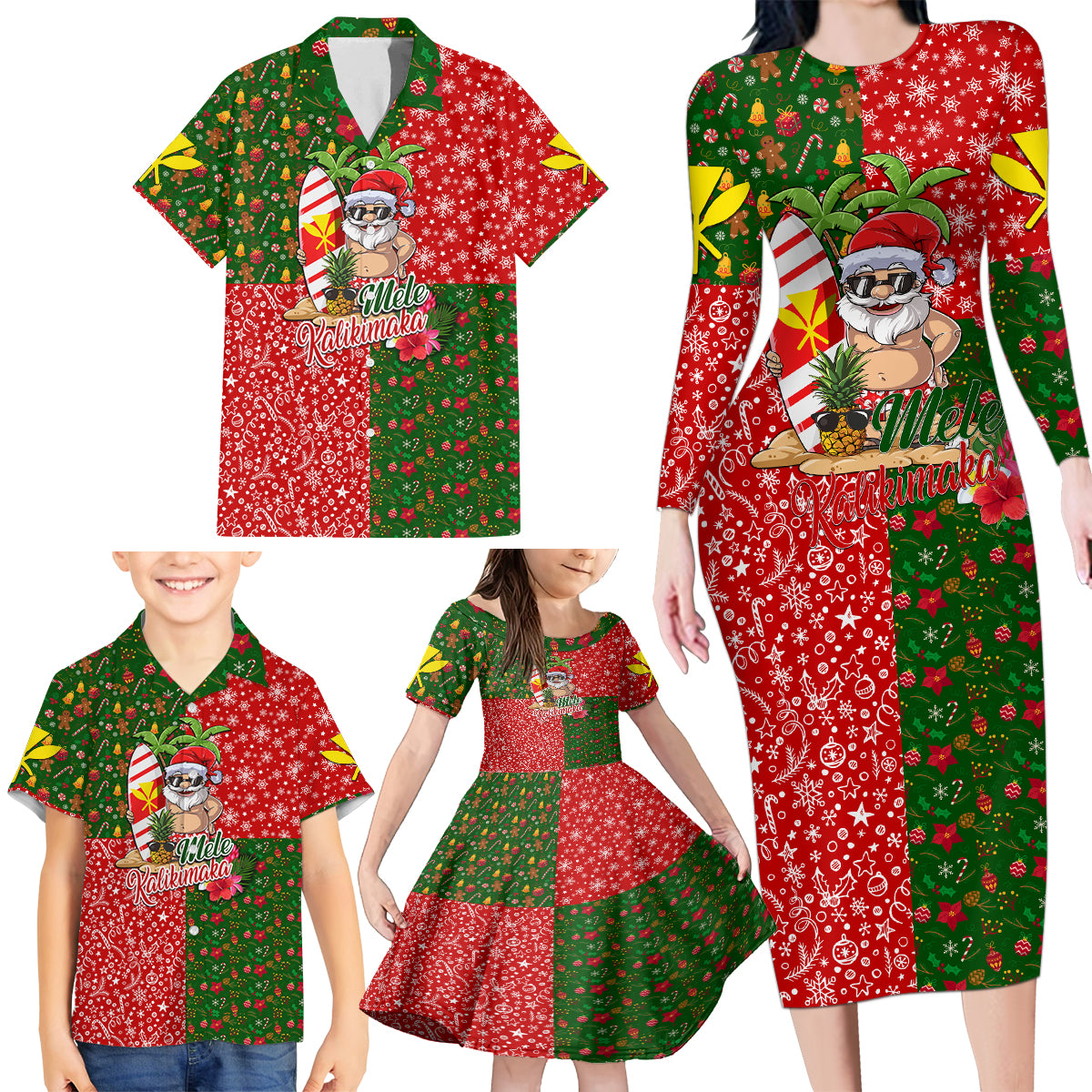 Hawaii Christmas Family Matching Long Sleeve Bodycon Dress and Hawaiian Shirt Mele Kalikimaka Kanaka Maoli - Wonder Print Shop