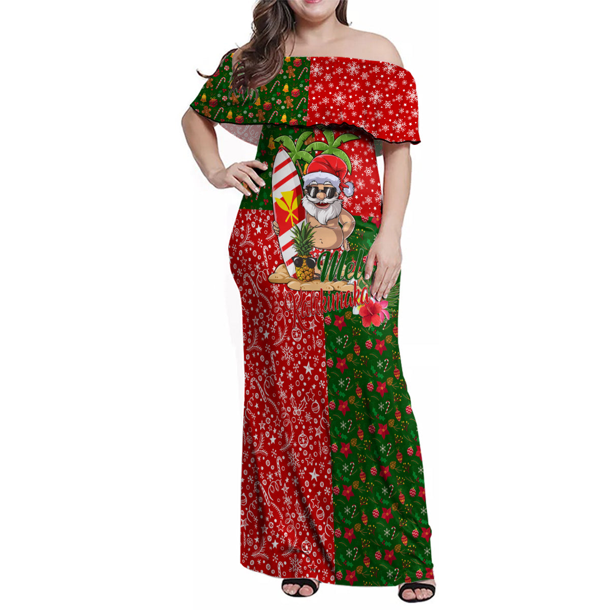 Hawaii Christmas Family Matching Off Shoulder Maxi Dress and Hawaiian Shirt Mele Kalikimaka Kanaka Maoli - Wonder Print Shop
