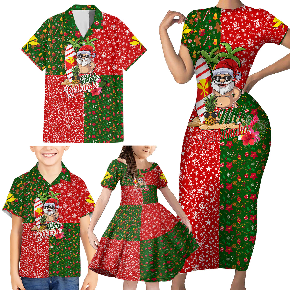 Hawaii Christmas Family Matching Short Sleeve Bodycon Dress and Hawaiian Shirt Mele Kalikimaka Kanaka Maoli - Wonder Print Shop
