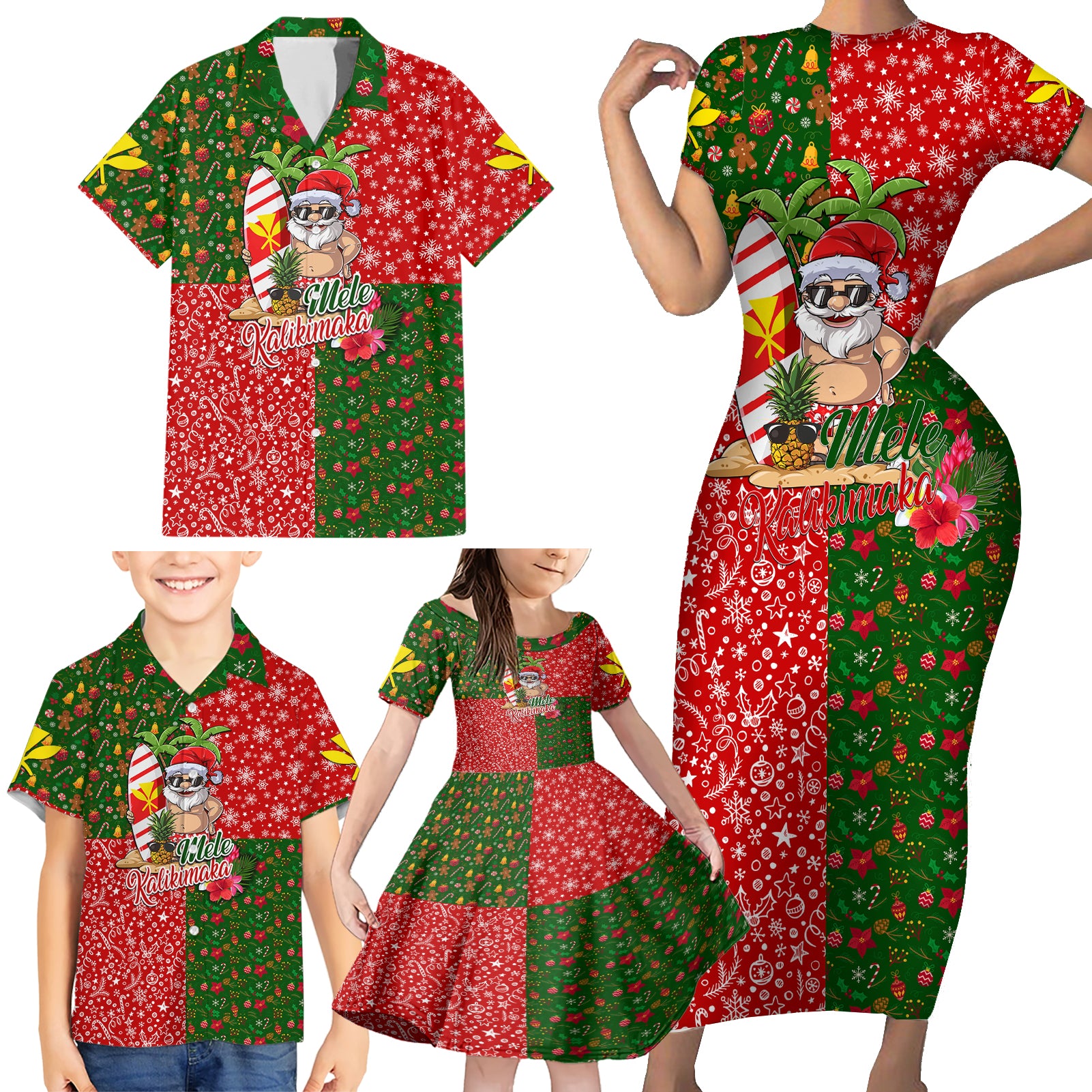 Hawaii Christmas Family Matching Short Sleeve Bodycon Dress and Hawaiian Shirt Mele Kalikimaka Kanaka Maoli - Wonder Print Shop