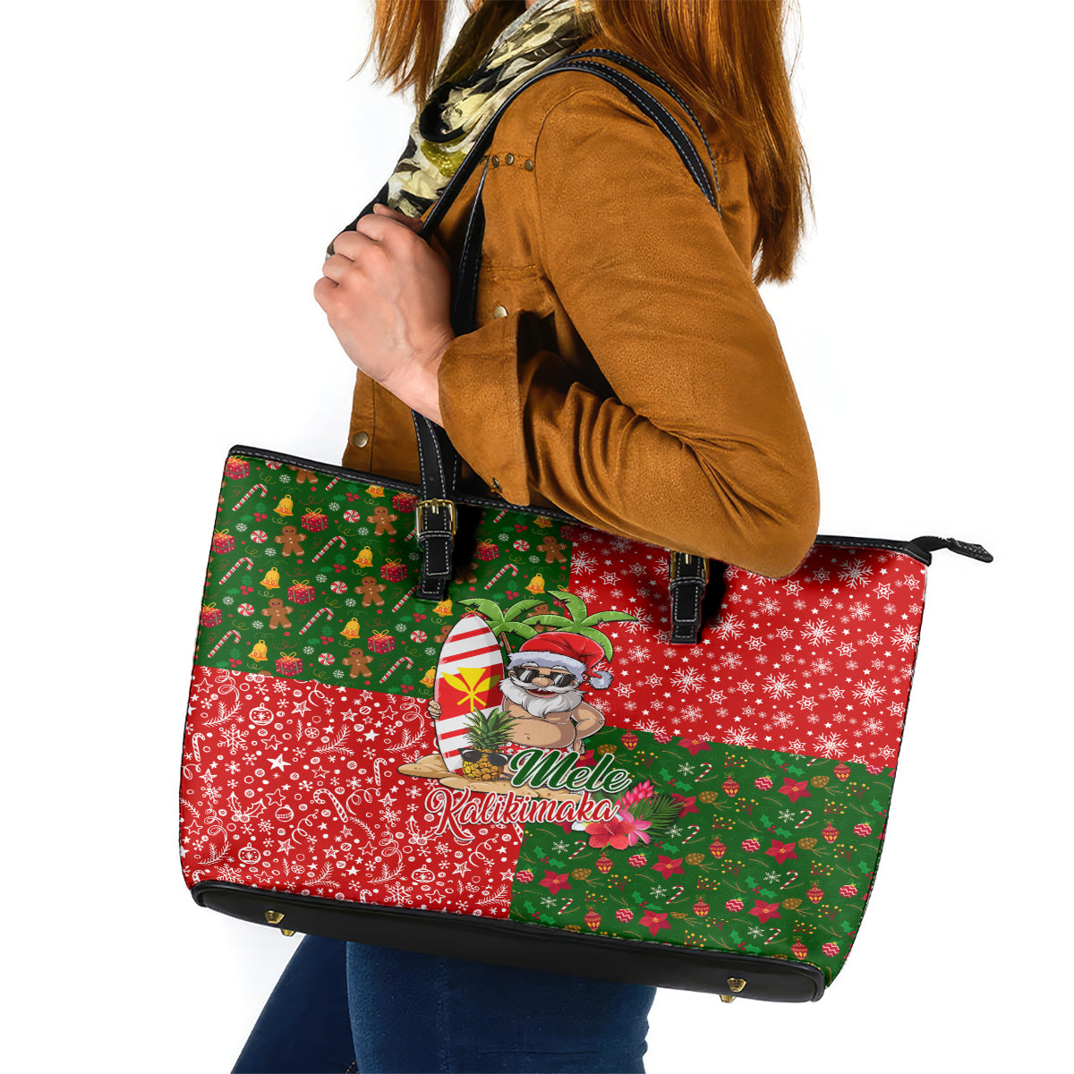 Hawaii Christmas Leather Tote Bag Mele Kalikimaka Kanaka Maoli - Wonder Print Shop