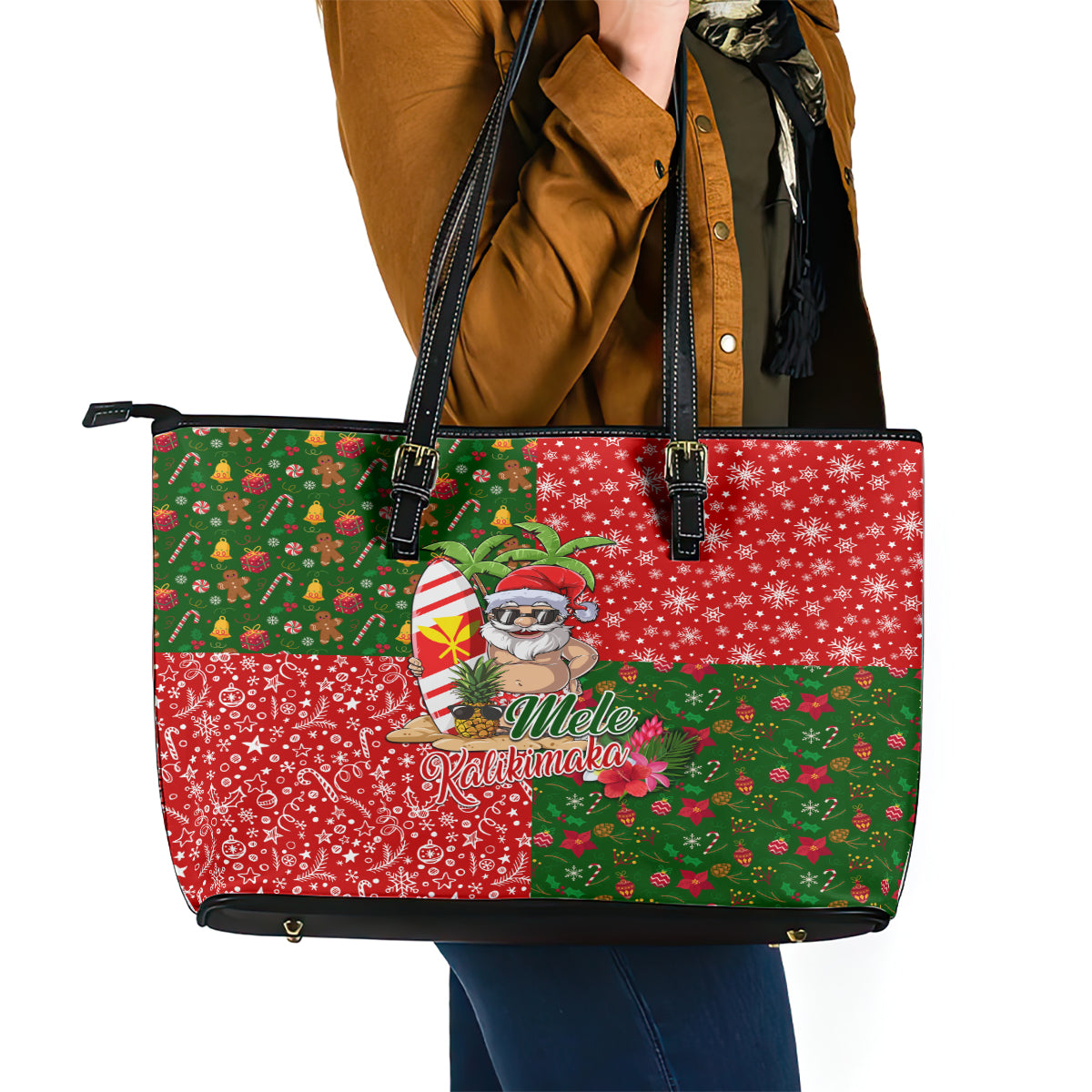 Hawaii Christmas Leather Tote Bag Mele Kalikimaka Kanaka Maoli - Wonder Print Shop