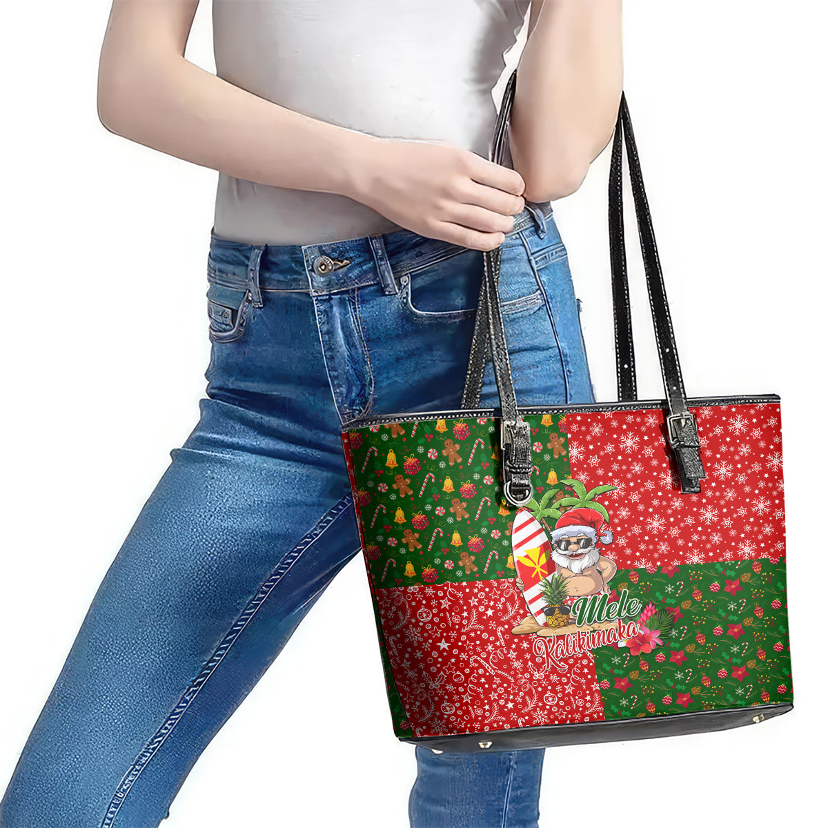 Hawaii Christmas Leather Tote Bag Mele Kalikimaka Kanaka Maoli - Wonder Print Shop