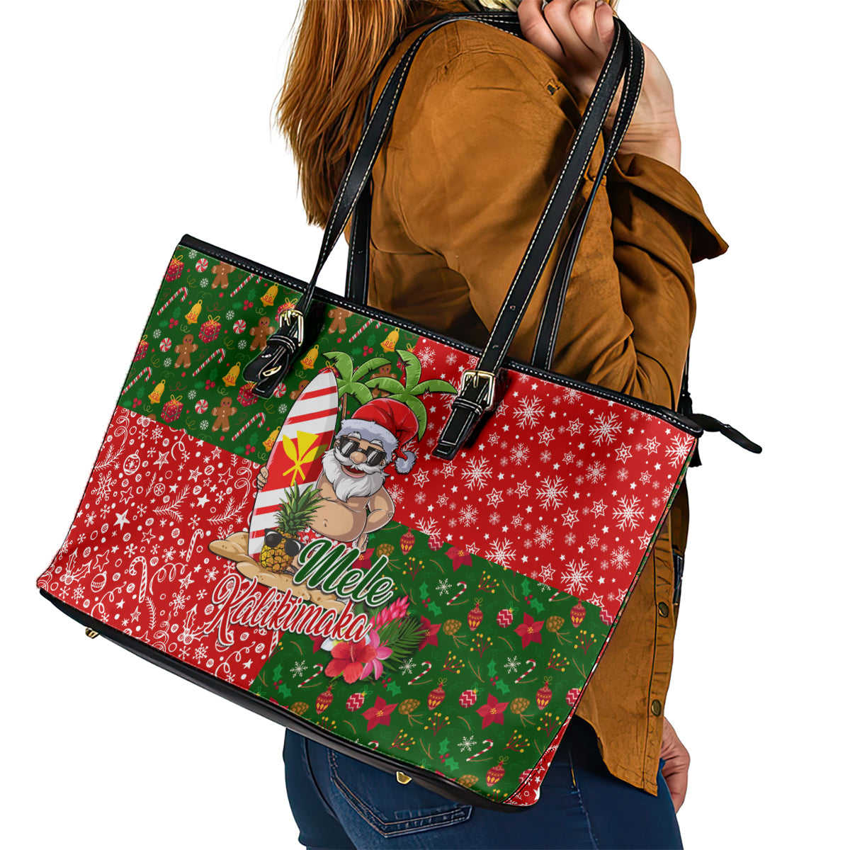 Hawaii Christmas Leather Tote Bag Mele Kalikimaka Kanaka Maoli - Wonder Print Shop