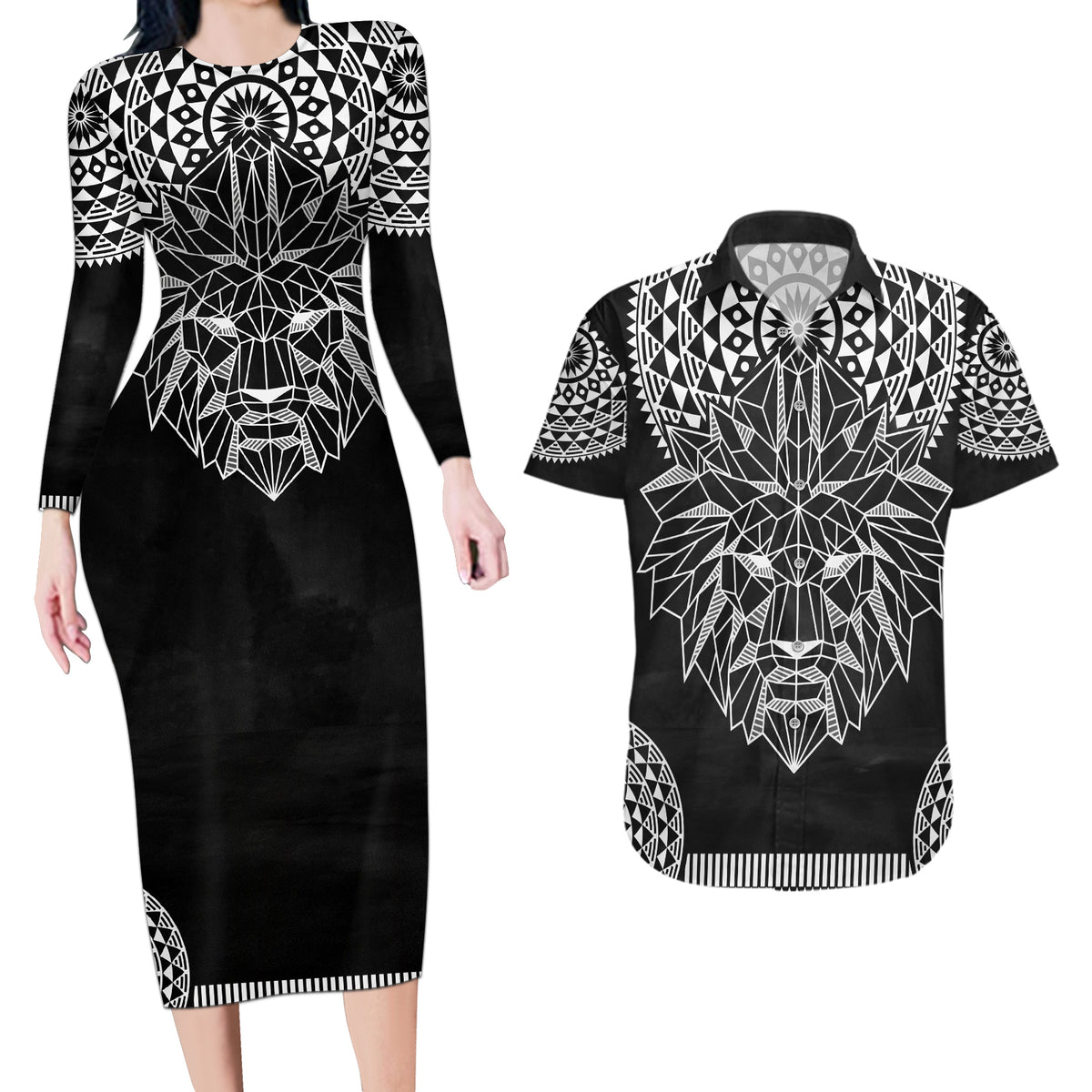 Geometric Head Lion Couples Matching Long Sleeve Bodycon Dress and Hawaiian Shirt - Wonder Print Shop