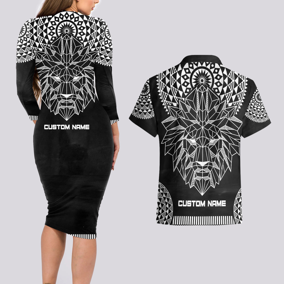 Geometric Head Lion Couples Matching Long Sleeve Bodycon Dress and Hawaiian Shirt - Wonder Print Shop